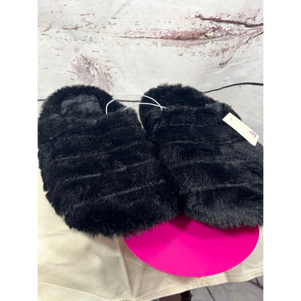 So Black Faux Fur Slide Slippers Cozy Comfort Indoor Outdoor Womens Size L 9 10‎
